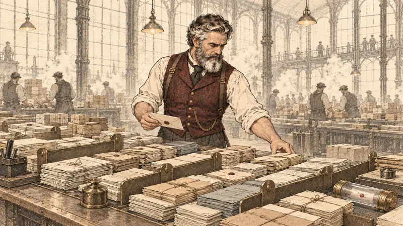 The archivist sorts through long rows of filed letters.