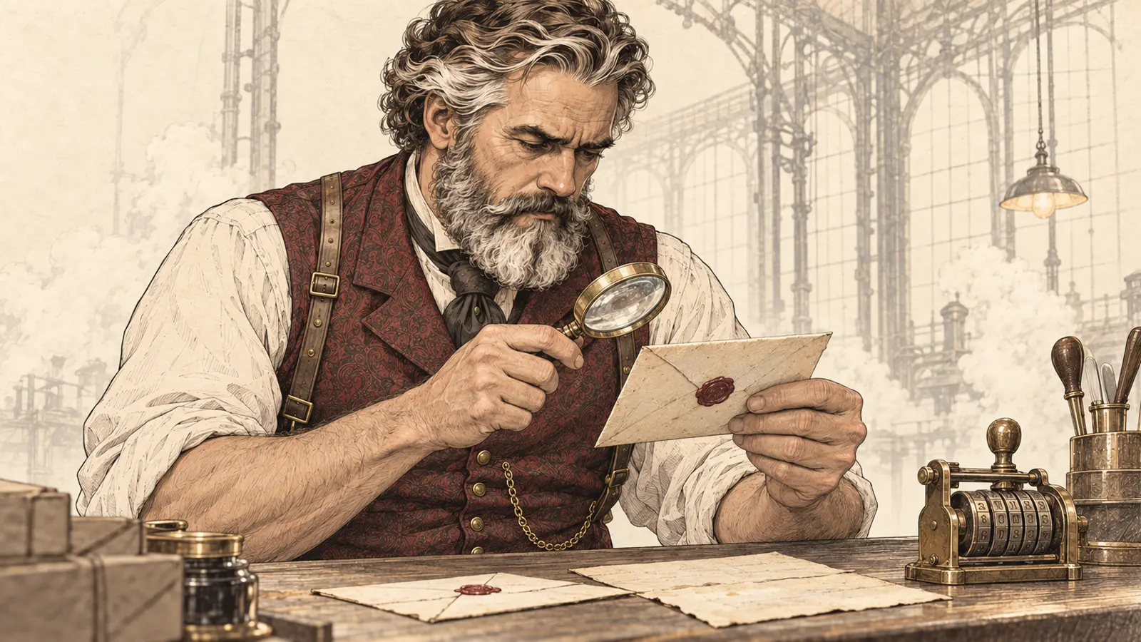 The archivist examines a sealed letter through a magnifying glass, in a great glass-roofed hall of letters.