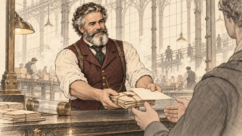 The archivist hands a bundle of letters across the counter.