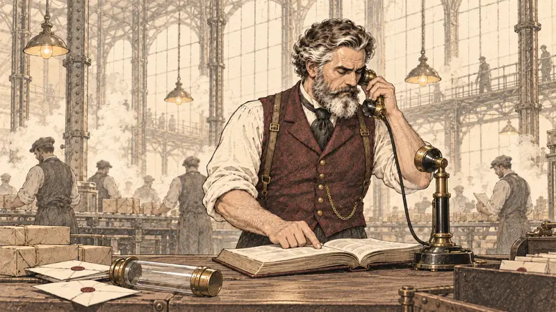 The archivist takes a call and notes it in a ledger.