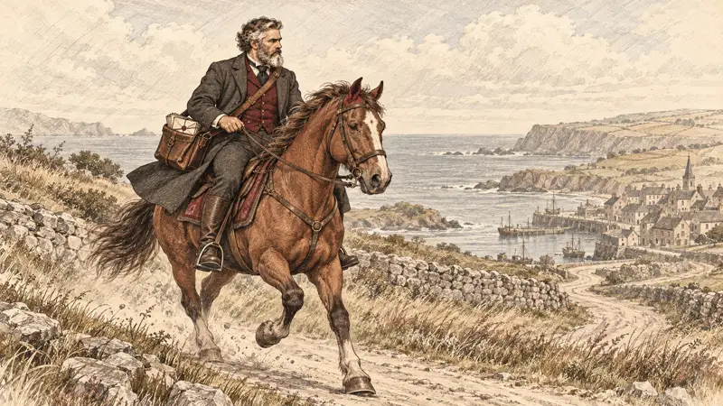 A courier gallops along a coastal path with a satchel of post.